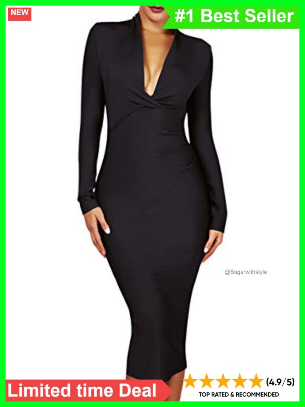Bandage Bodycon Dress Deep Plunge V Neck Long Sleeve Knee Length
